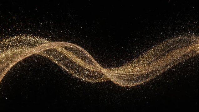 Golden Particle Wave - Abstract Glittering Stream on Black Background.