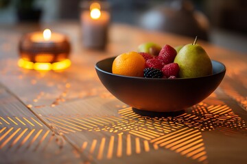 A fruit bowl with fresh fruits on a wooden table illuminated by candlelight, creating a warm and cozy atmosphere.