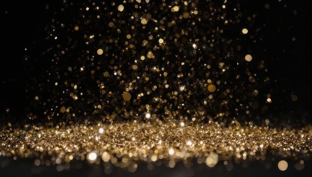 Golden glitter explosion on a dark background creating a magical effect.