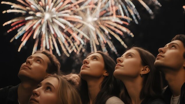 Group of friends watching fireworks display at night.