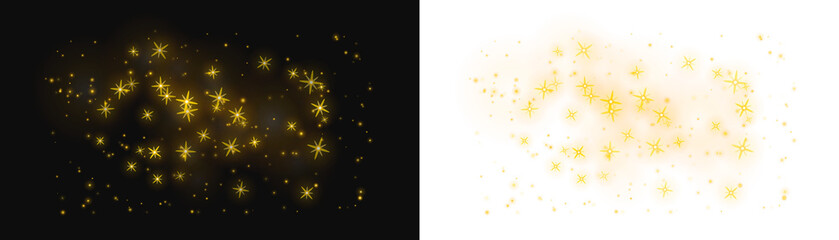 Golden sparkling dust particles and stars on black background, abstract magic light effect overlay isolated on transparent background © Mehedi