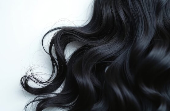 Healthy black hair with waves and soft shine. Natural texture of dark brunette locks shown isolated on white background. This image is good for beauty and hair care ads.