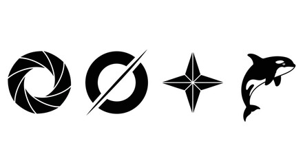 Fototapeta premium Set of four black icons representing a camera lens, a circle with a line, a star, and a dolphin on a