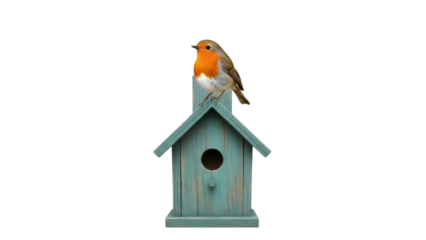 Isolated robin perched on top of a wooden birdhouse, a charming outdoor scene in daylight