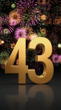Gold number 43 with fireworks in the background. Festive scene for birthday or anniversary party