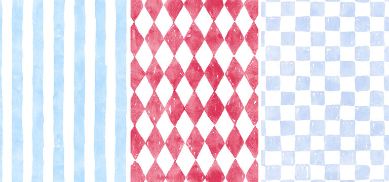 Fototapeta Whimsical watercolor background frames set with light blue stripes, red and blue rectangles. Perfect for backgrounds, stationery, packaging, Valentine's Day and Christmas designs.