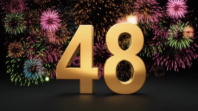 Gold number 48 with fireworks in the background. Festive scene for birthday or anniversary party
