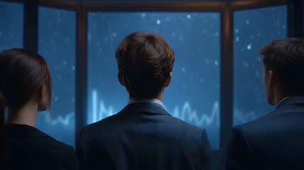 Three professionals in business attire observe financial data on a large screen displaying graphs and a starry night background
