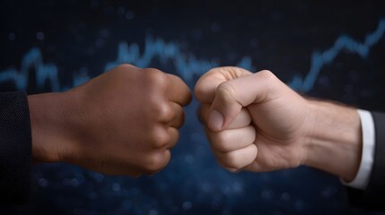 Two diverse fists bumping in agreement symbolizing partnership against a financial market background