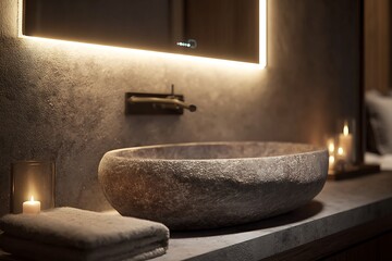 A modern bathroom featuring a stone sink, illuminated mirror, and warm candle lighting creating a relaxing atmosphere.