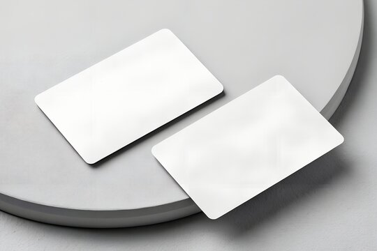 Two blank white plastic cards with rounded corners resting on a textured gray circular platform mockup