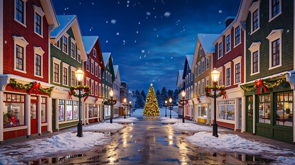 Obraz premium Snowy christmas street with festive lights at night 