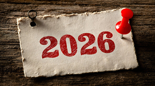 Escritorio de madera con una hoja de papel y una chincheta roja que marca el a&ntilde;o 2026, representando nuevos comienzos y metas futuras