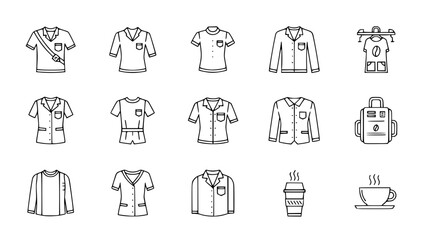 Clothing items displaying uniform styles in line art reveal profession or coffee shop location or apparel designs showcasing professional garment in thin line detail.