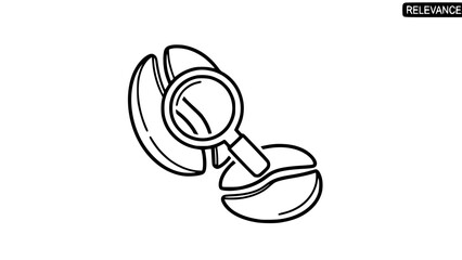 Coffee beans undergo inspection using a magnifier in a minimalistic graphic or Roasted coffee beans are examined under magnification in an outlined illustration