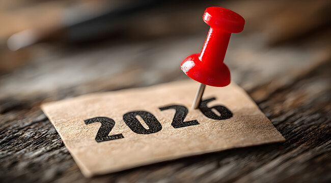 Escritorio de madera con una hoja de papel y una chincheta roja que marca el a&ntilde;o 2026, representando nuevos comienzos y metas futuras