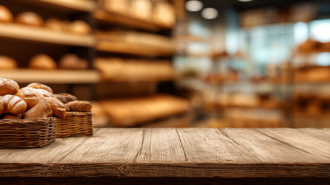 Empty rustic wooden table with a smooth surface and visible wood grain, set in a bakery shop with blurred shelves of baked bread and pastries in the background