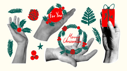 Christmas retro collage with hands. Festive hand-drawn elements  wreath, pine branches, berries and pine cones.