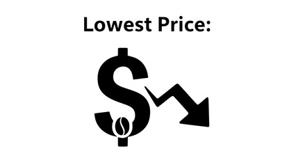 Coffee prices fall shown with dollar symbol and arrow in a white scene or Coffee bean dollar symbol depicts declining price in clean illustration