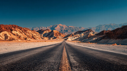 Empty paved asphalt road stretching through arid desert landscape with colorful rugged mountains and distant snow-capped peaks under clear blue sky