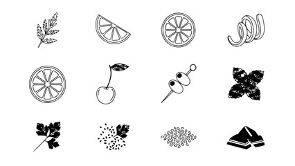 Collection of food icons displaying produce in a simplistic style or cocktail ingredients forming a minimal arrangement