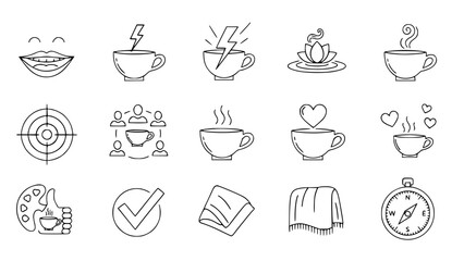 Drawn concept icons portray diverse activities show abstract symbolism on white background or Outline lifestyle icons feature various symbols showing daily routines on plain background