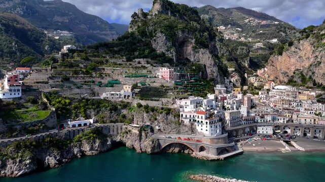 Cinematic drone flyby of dramatic Amalfi Coast cliffs and sea