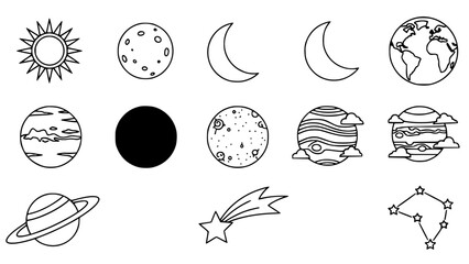 Line art planets represent space objects in scientific illustration on white or solar system planets depict heavenly bodies with celestial drawings isolated