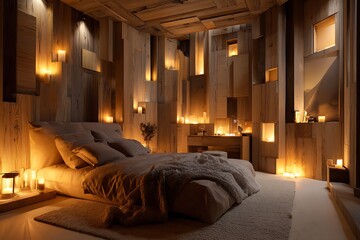 A warm and inviting bedroom interior featuring wooden walls, soft lighting, and a cozy bed with candles.