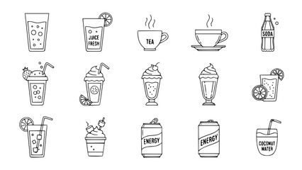 Outline beverage collection shows various cold drinks in a minimal isolated scene or Various summer drinks portray refreshing cold beverage collection isolated or vector design