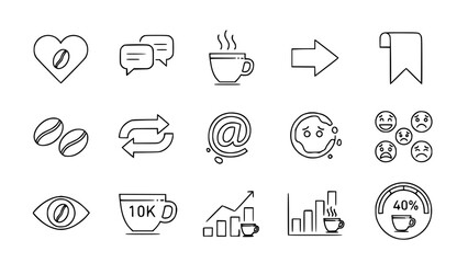 Outline coffee icons display data coffee love or coffee icons present social engagement data with beverages in line drawing scene
