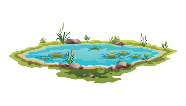 Picturesque natural pond. Concept of open small swamp lake. Water pond with reeds and stone. Natural countryside landscape. Multicolour game scene