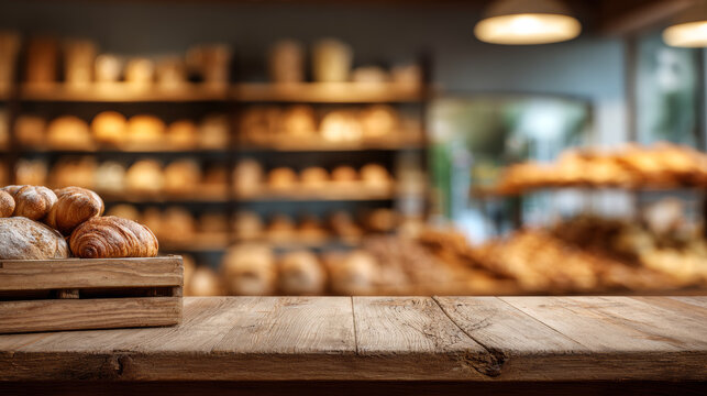 Empty wooden table with a rustic texture in a bakery shop featuring a blurred background of shelves filled with baked goods