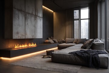 A modern living room featuring a fireplace, comfortable sofa, and a stunning city view through large windows.