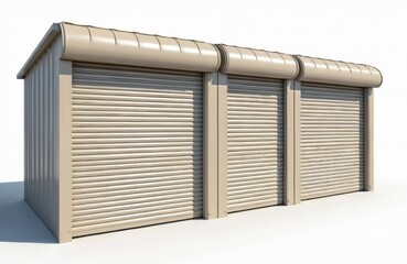 Three beige metal roll up doors stand against white. These garage door frames are steel. Exterior design is suited for a home office. Its a modern safety shutter for privacy.
