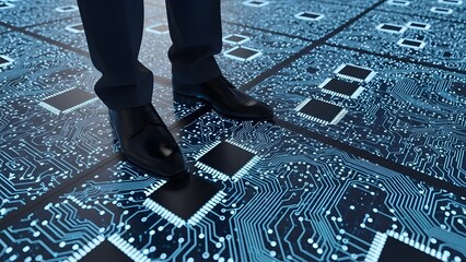 The Digital Footprint: A man's poised stance on a futuristic circuit board underscores the intersection of technology and the individual.