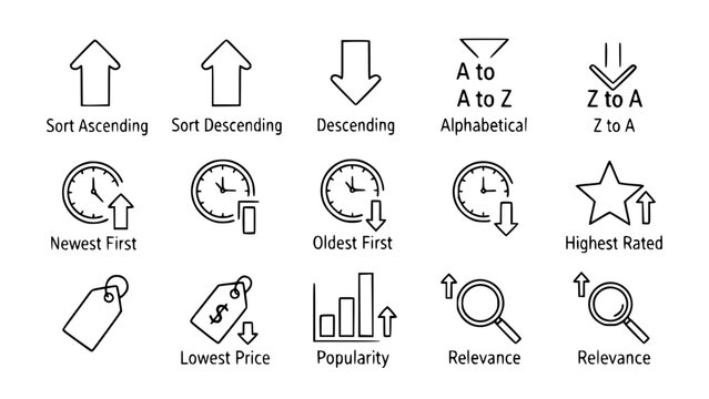 Sorting icons illustrate data filtering in interface design on white background or vector outline symbols depicting content sorting and ordering in user interface.