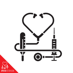 Stethoscope with heart-shaped tube, thermometer and syringe vector symbol for Doctor's Day