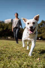 Happy dog running in park with female adult in background on sunny day
