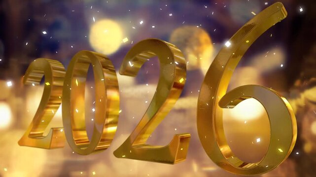 キラキラ輝くイルミネーションの丸ボケ背景　新年・正月・元日の年タイトル　金色3dの2026のテキストシンボル　お祝い・イベント・パーティーの背景　降りかかる紙吹雪　
