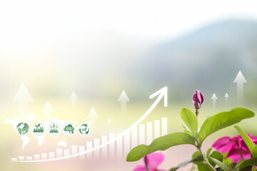 Soft nature background with ESG Investment Growth : Sustainable Bar Chart with Violet flower and Global Earth Icon