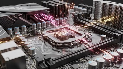 Dynamic closeup of a computer motherboard with vibrant blue and green light trails illustrating rapid data flow and highspeed processing within a central processing unit symbolizing advanced technolo. - Powered by Adobe