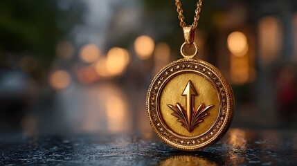A gold pendant necklace with an upward arrow symbol set against a blurry wet urban twilight background