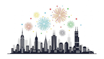 Fototapeta premium Cityscape Silhouette with Fireworks: A dynamic cityscape silhouette, showcasing iconic buildings against a backdrop of vibrant fireworks, creates a scene of celebration.