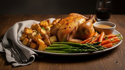 Delicious Roasted Chicken Dinner with Roasted Potatoes and Fresh Vegetables.