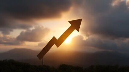 A jagged upward arrow graph silhouetted against a dramatic sunrise sky symbolizes financial growth and success