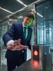 Stressed Employee at Biometric Scanner in Corporate Office