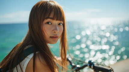 Charming Japanese Girl Riding Bicycle by Emerald Ocean