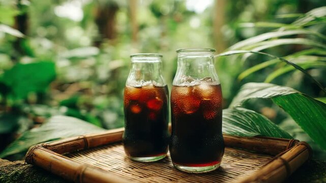 Iced Coffee in Glass Bottles on Bamboo Tray with Tropical Forest Background