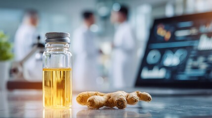 Laboratory scene, researcher and liquid bottle